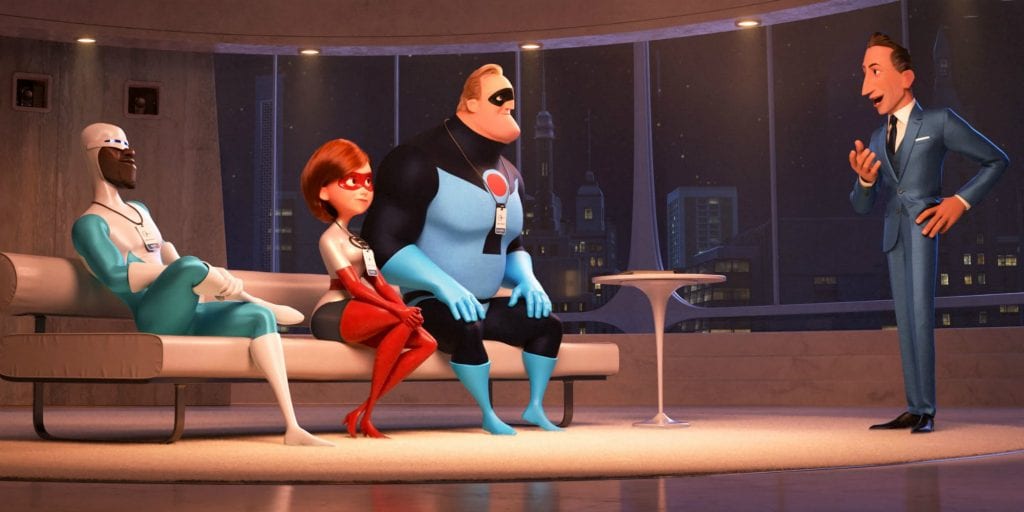 Screenshot from Incredibles 2 featuring Frozone, Elastigirl, Mr. Incredible, and Winston